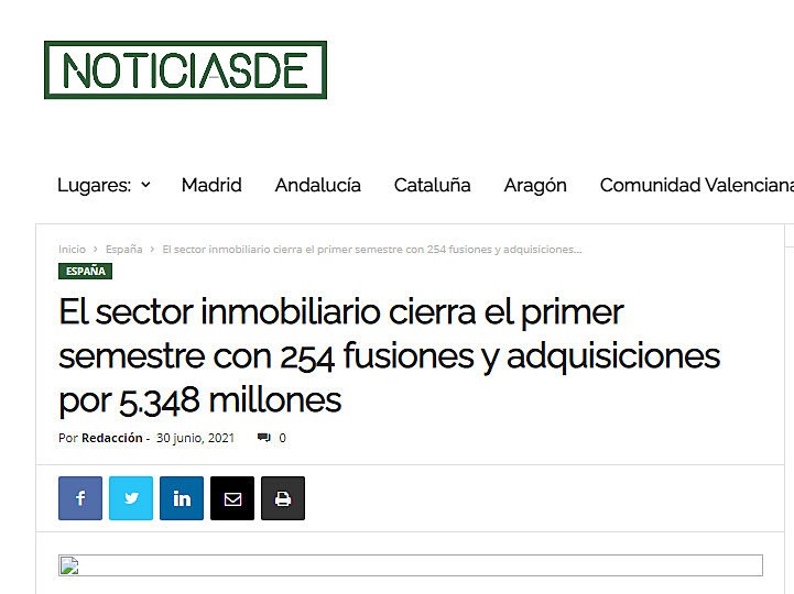 El sector inmobiliario cierra el primer semestre con 254 fusiones y adquisiciones por 5.348 millones